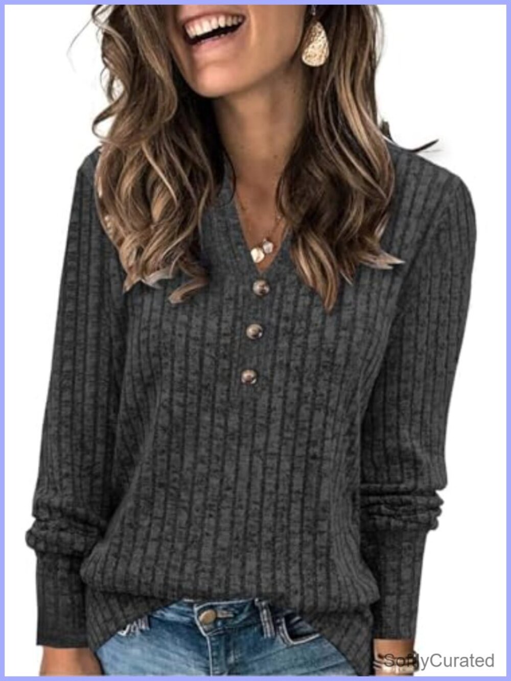 Womens Henley Neck Long Sleeve Pullover Sweater Cable Knit